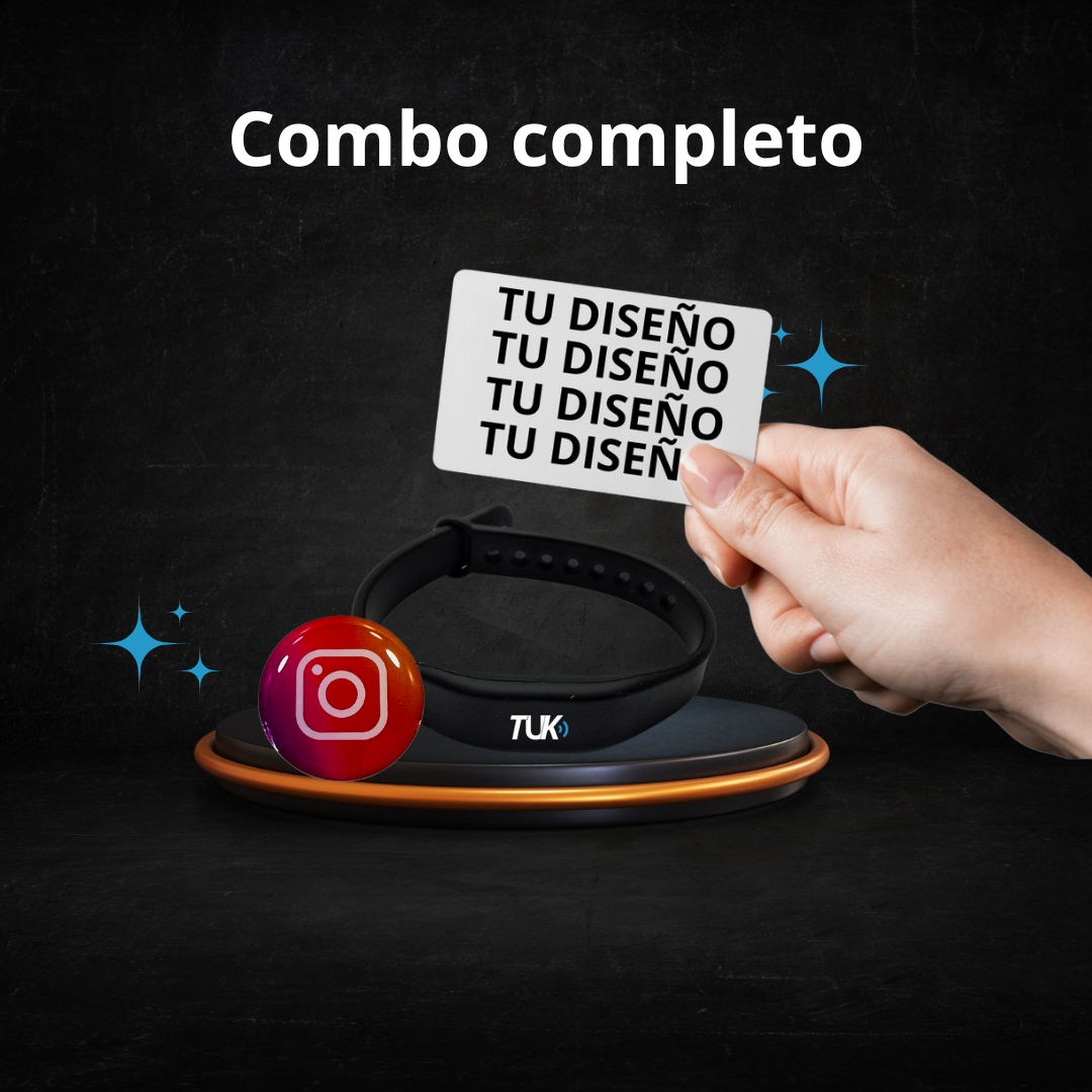 Combo Tarjeta NFC personalizada + Pulsera + Sticker + Tarjeta de presentación virtual.