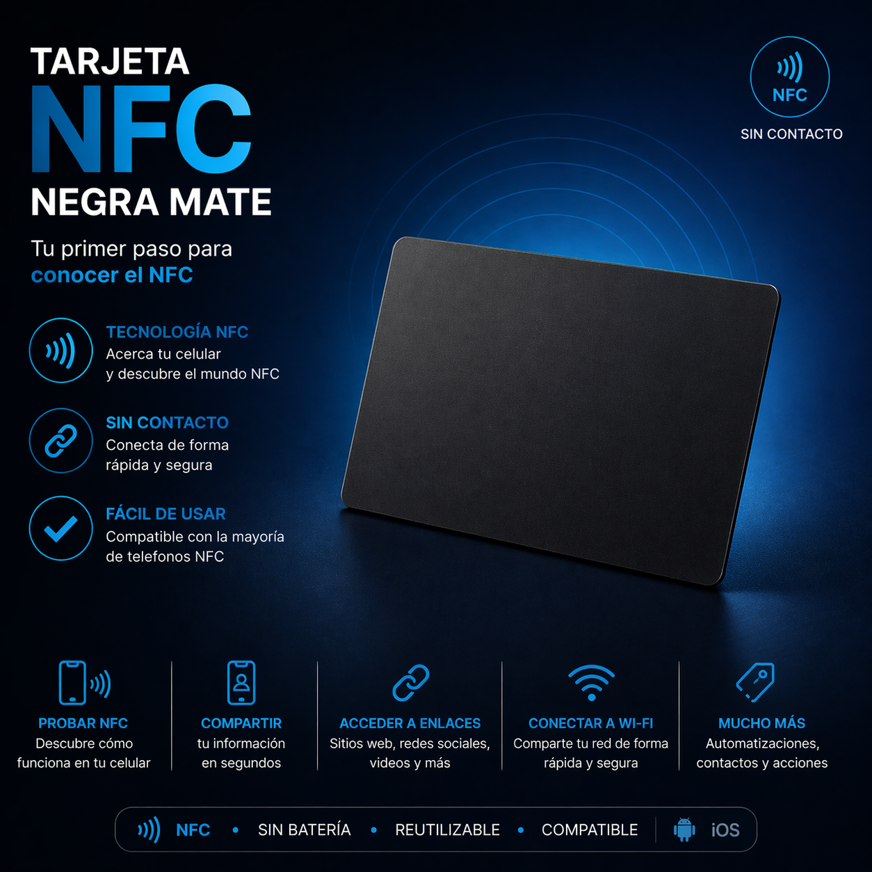 Tarjeta NFC negra Mate 1 UNIDAD sin diseño.