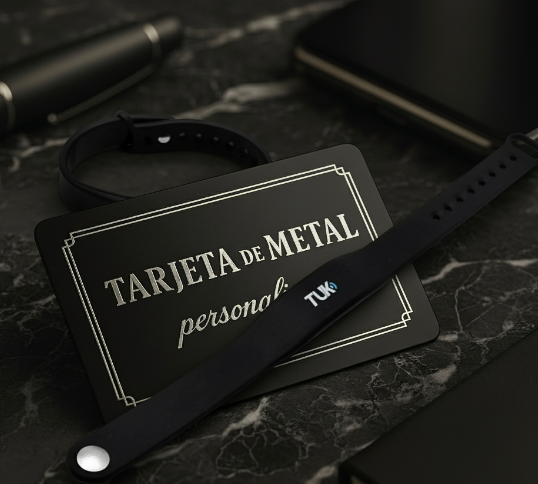 CYBER: COMBO Tarjeta NFC de metal personalizada por grabado laser + pulsera TUK + Tarjeta de presentación virtual