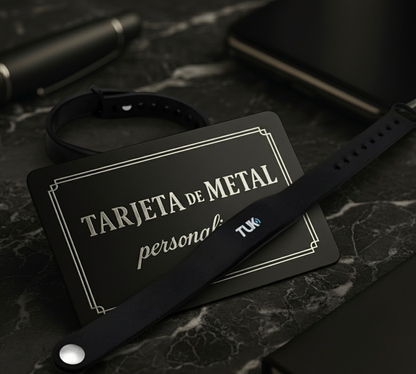 CYBER: COMBO Tarjeta NFC de metal personalizada por grabado laser + pulsera TUK + Tarjeta de presentación virtual
