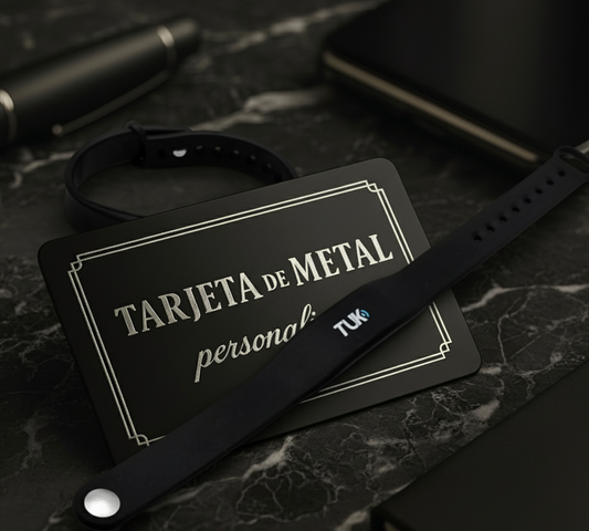 CYBER: COMBO Tarjeta NFC de metal personalizada por grabado laser + pulsera TUK + Tarjeta de presentación virtual