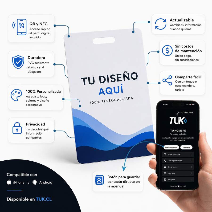 Credencial NFC personalizada con espacio para colgante  (Plastico) + Tarjeta de presentación virtual