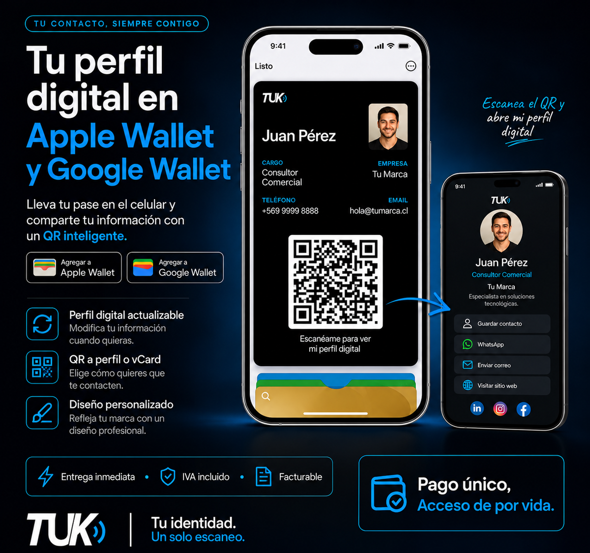 Tarjeta de presentación digital en Apple wallet y Google wallet - Pago único.