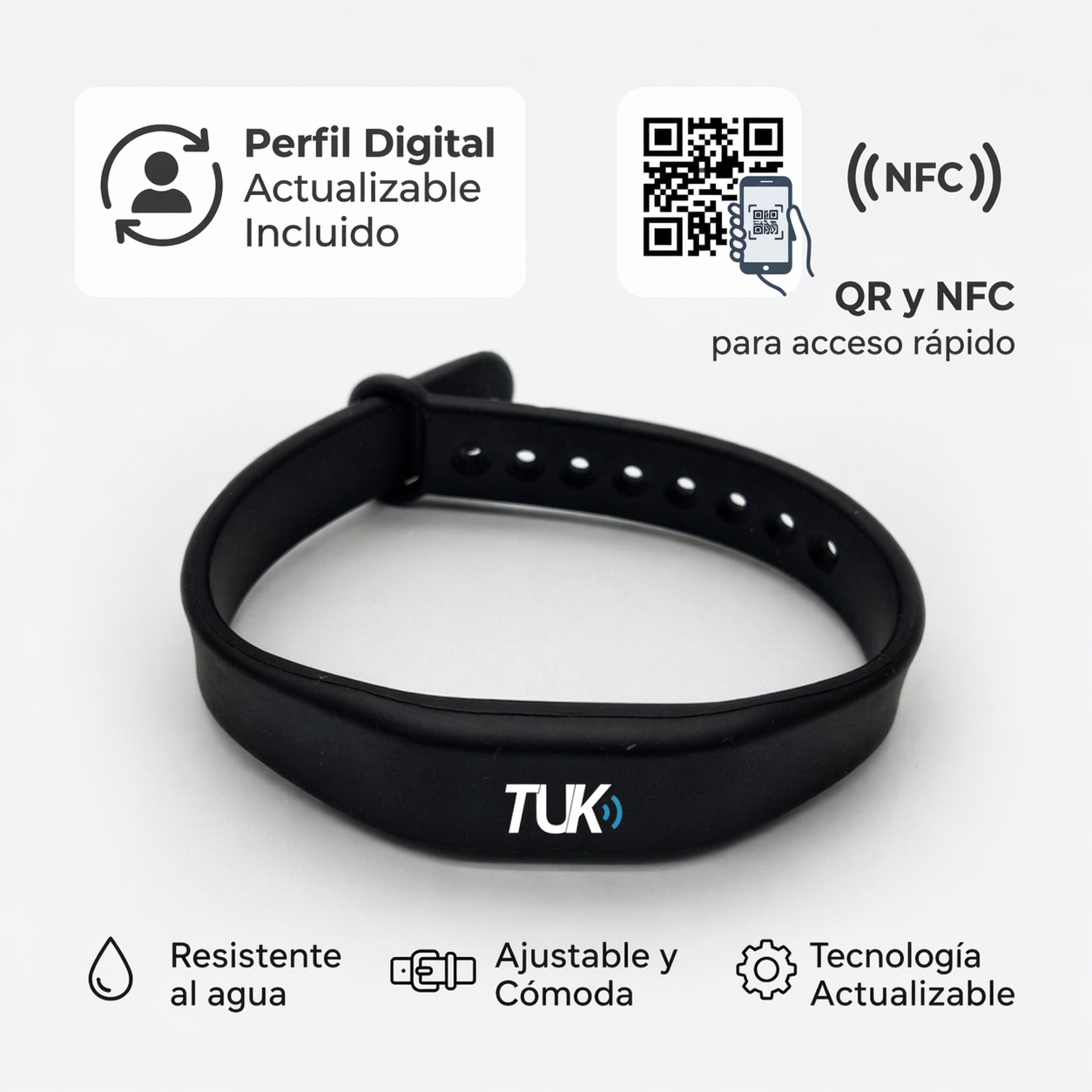 Pulsera NFC y QR  / diseño TUK (Diseño de la foto) + tarjeta de presentación virtual