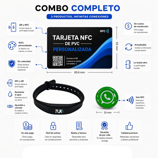 Combo Tarjeta NFC personalizada + Pulsera tuk NFC + Sticker NFC + Tarjeta de presentación virtual.