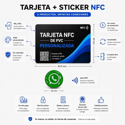Combo Tarjeta NFC personalizada + sticker NFC + Tarjeta de presentación virtual.